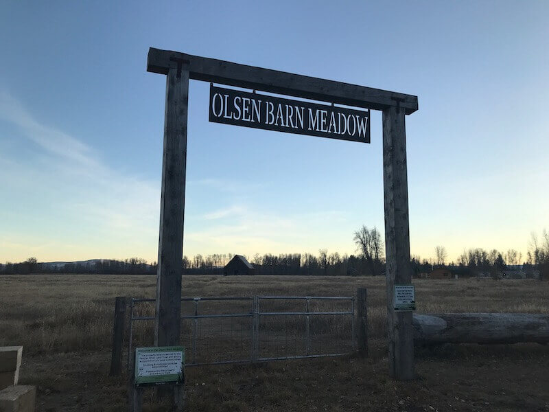 Olsen Barn Meadow welcome sign against evening sky