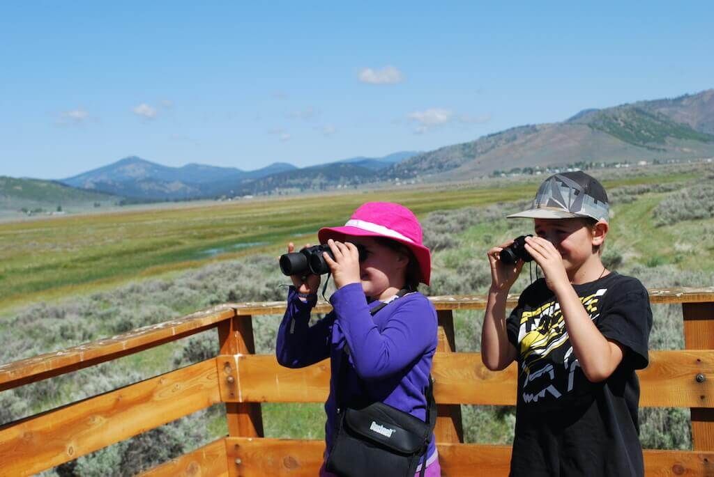 Kids with binoculars birding at the Sierra Valley Preserve's wildlife viewing platform