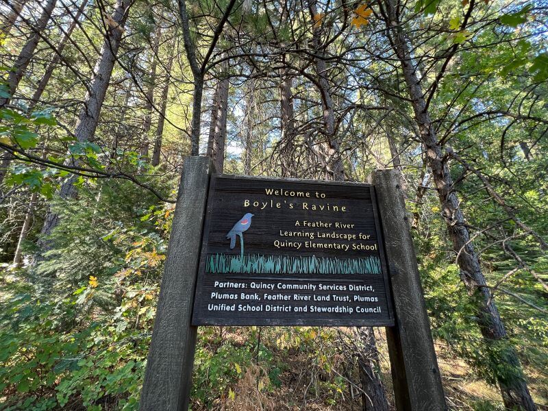 Wooden sign dedicating Boyle's Ravine as a learning landscape in Quincy