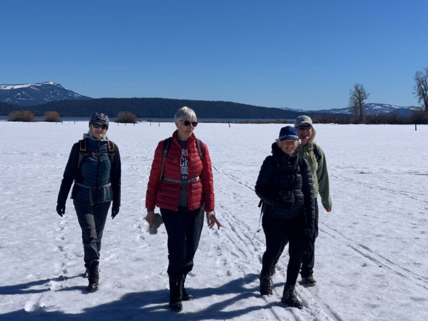 Four women walk in the sun and snow