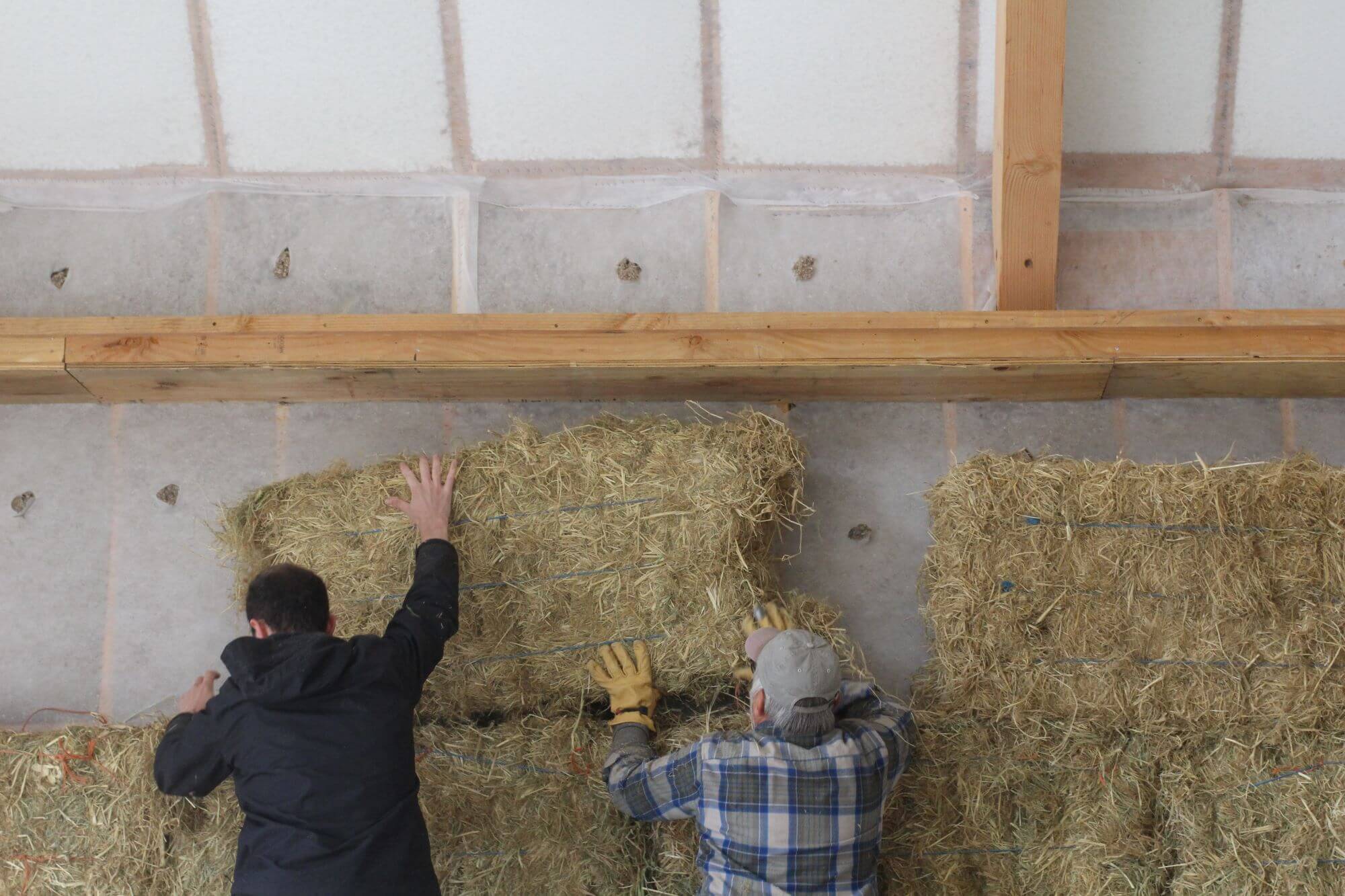 Two volunteers lift a straw bale into position at Sierra Valley Preserve Nature Center